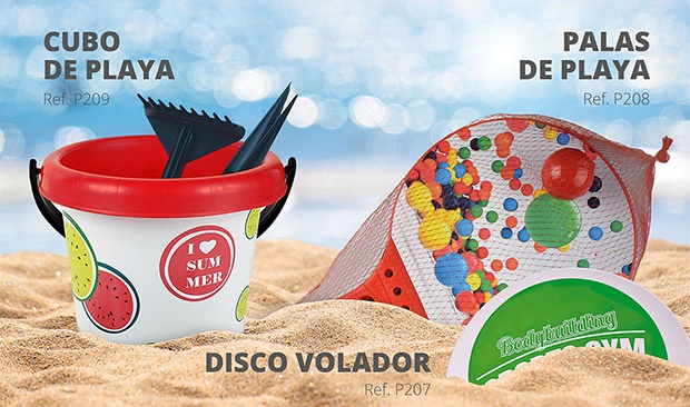 Cubo de playa, disco volador y palas de playa