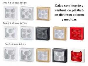 Bolas de Navidad - cajas con inserto y ventana de plástico de distintos colores y medidas